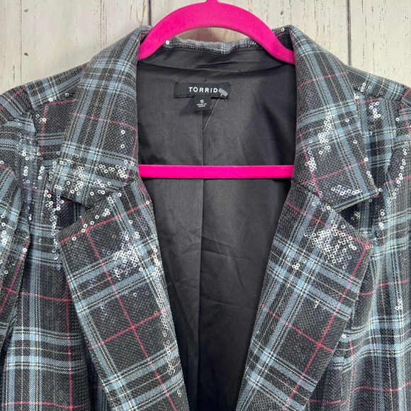 Torrid Plaid Sequin Blazer Gray Black Chic Glam Plus Size 5X Casual Artsy - Picture 5 of 15